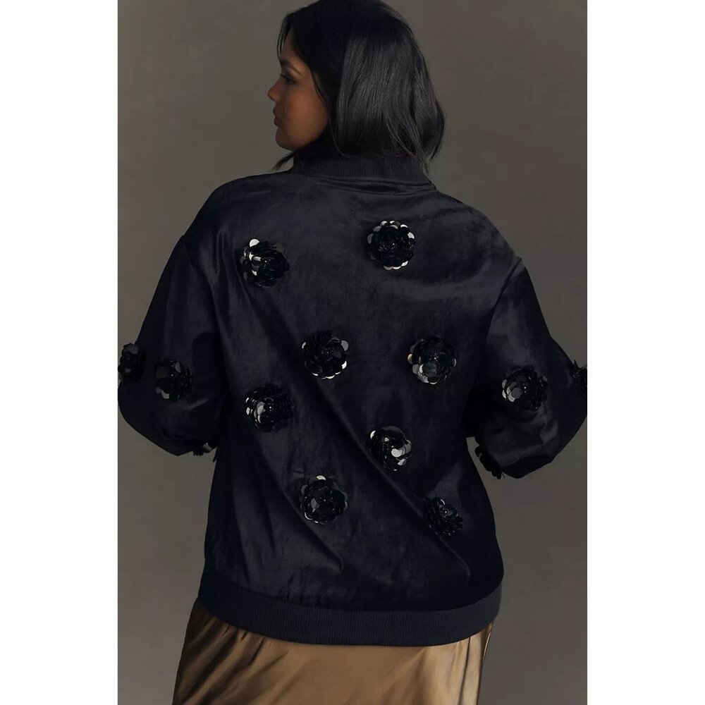 Anthropologie Velvet Floral Embroidered Bomber Jacket Black by Eva Franco - Picture 3 of 4